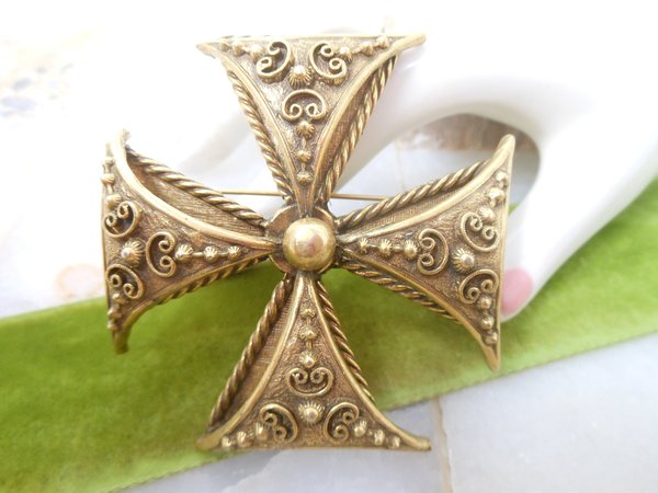 Vintage ACCESSOCRAFT Maltese Cross Pendant Brooch Etruscan Revival Statement Runway Designer Jewelry Mid Century, VivianJoel.com