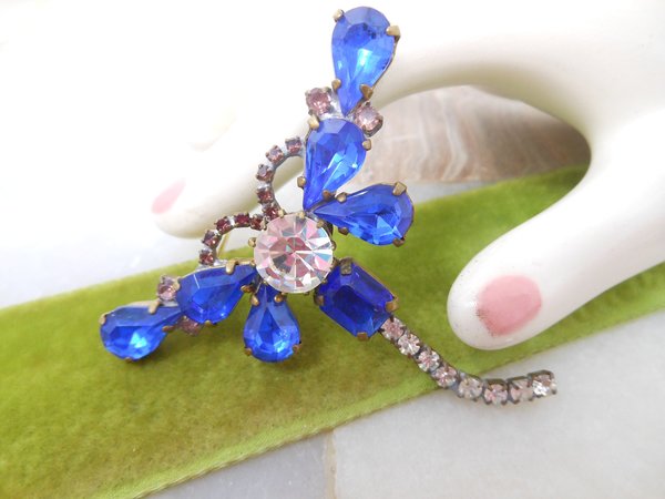 Vintage CZECH Dragonfly Brooch Insect Bug Pin Blue Crystal Rhinestone HUSAR D Figural Jewelry Gift, VivianJoel.com