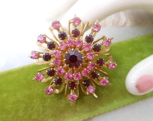 Vintage CORO Pink Flower Brooch Rhinestone Red Crystal Pin Starburst Designer Jewelry Gift Mid Century, VivianJoel.com
