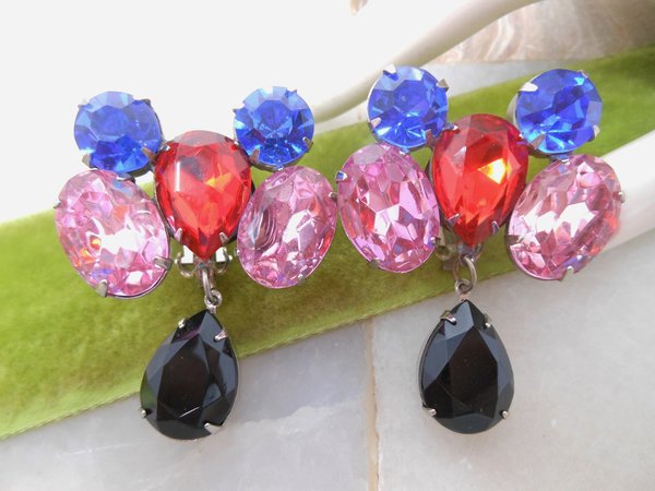 Vintage Jumbo Statement Earrings Clip On Dangle Drop Pink Blue Red Black Glass Jewelry Runway Party Time Mid Century *as is*, VivianJoel.com