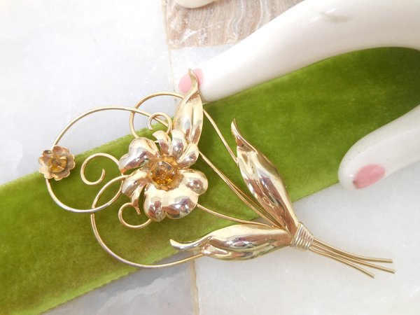 Vintage COURTLY Large Brooch Gold Fill Scrolling Flower Pin Topaz Rhinestone Elegant GF Mid Century Designer Jewelry Gift, VivianJoel.com