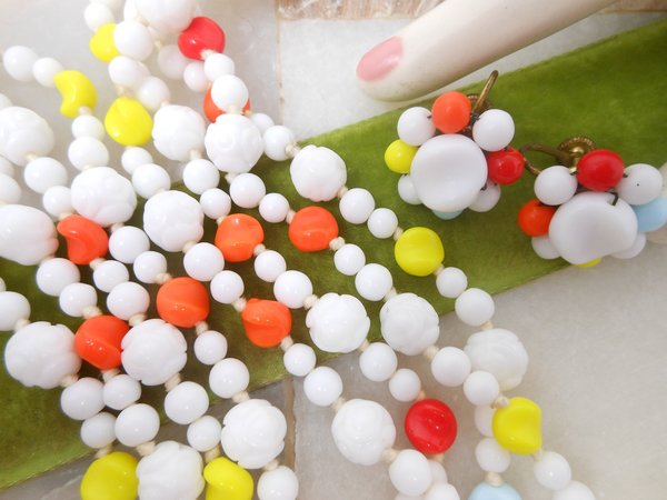 Vintage WEST GERMANY Bead Necklace Earrings Set Milk Glass Multi Srand Torsade Jewelry Retro Pin Up Mid Century, VivianJoel.com