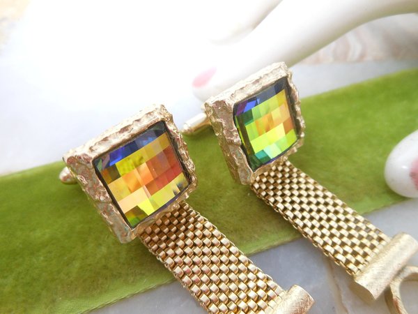 Vintage DANTE Watermelon Crystal Rainbow Prism Cufflinks Cuff Links Gold Plate Wrist Candy Mid Century Designer Gift,  VivianJoel.com