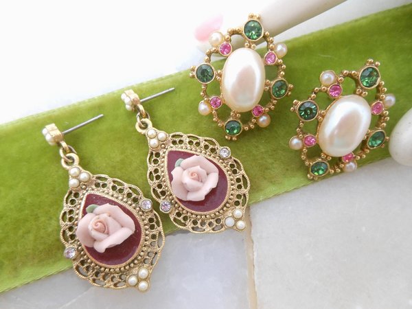 Vintage LOT 2 Designer 1928 Pierced Earrings Mogul Pearl Pink Rose Dangle Drop Rhinestone Victorian Revival Jewelry Gift, VivianJoel.com