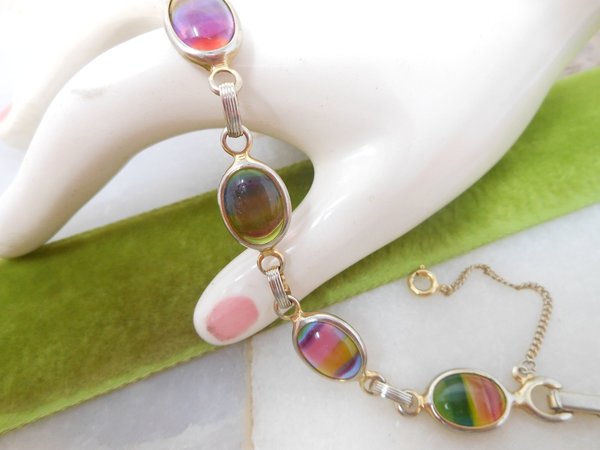 Vintage SARAH COVENTRY Bracelet Rainbow Art Glass Link Ornate Harmony Designer Mid Century Jewelry Gift, VivianJoel.com