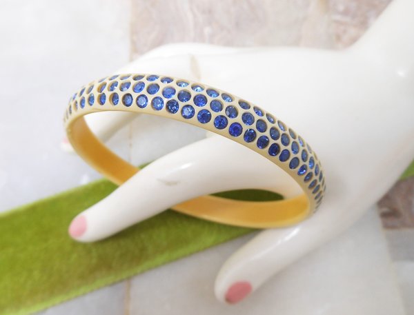 Vintage Art Deco Celluloid Bangle Blue Rhinestone Bracelet BAKELITE ERA 3 Row Crystal Old Plastic Skinny Jewelry Mid Century, VivianJoel.com