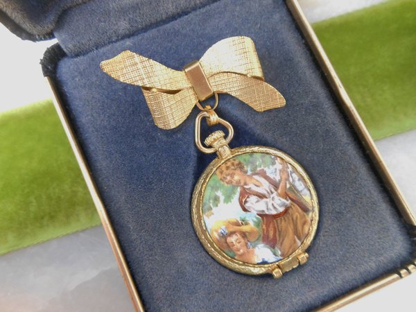 Vintage Victorian Revival Locket Brooch Pill Box Trinket Dangle Fob Courting Couple Mid Century Jewelry Original Box Gift, VivianJoel.com