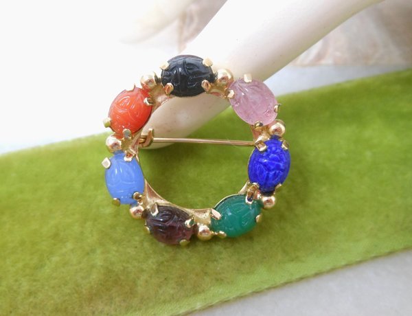 Vintage Scarab Brooch Colorful Glass Beetle Pin Circle Wreath Egyptian Revival Petite Jewelry Mid Century Gift, VivianJoel.com