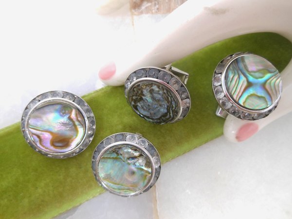 Vintage Cufflinks Earrings Sweetheart Set Cuff Links Art Deco Abalone Shell Rhinestone Beach His Hers Jewelry Mid Century, VivianJoel.com