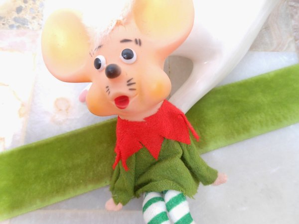 Vintage Christmas Mouse Pixie Elf Sitter Tree Ornament JAPAN Plastic Rubber Striped Felt Mid Century, VivianJoel.com
