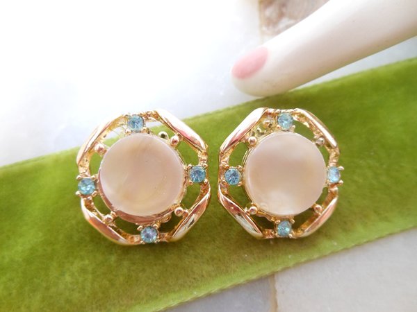 Vintage Mother of Pearl Earrings Clip On Aqua Blue Rhinestone Retro Classic Mid Century Jewelry Gift, VivianJoel.com