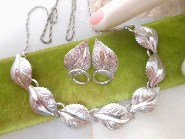 Vintage BOND BOYD STERLING Silver Necklace Earrings Set Demi Parure Leaf Modernist Minimalist Designer Mid Century Gift, VivianJoel.com