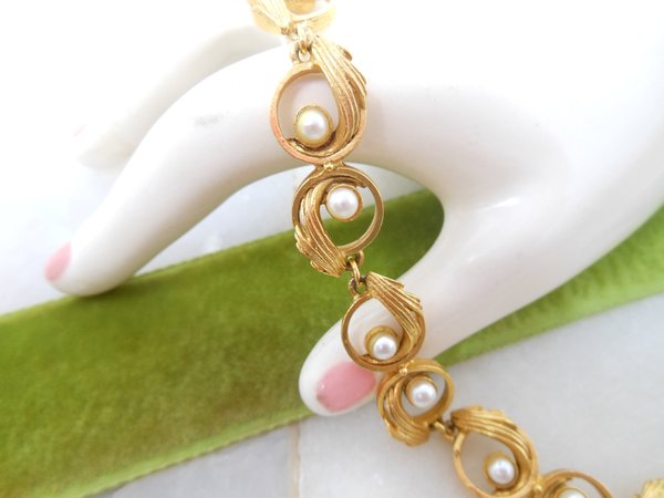 Vintage FLORENZA Multi Link Chain Bracelet Faux Pearl Gold Plate Etruscan Revival Designer Mid Century Jewelry Gift, VivianJoel.com