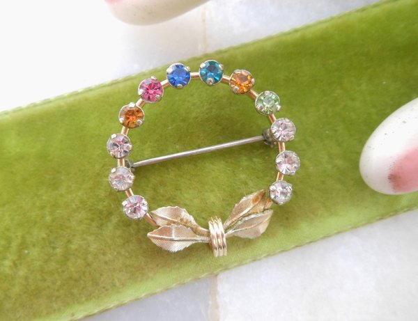 Vintage KREMENTZ Rhinestone Petite Pin Fruit Salad Wreath Brooch Gold Overlay Minimalist Designer Mid Century Jewelry Gift, VivianJoel.com