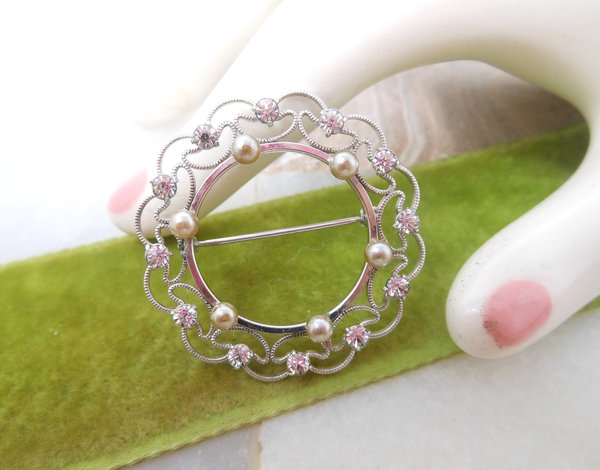 Vintage KREMENTZ Brooch Designer Pin 14KT White Gold Overlay Crystal Filigree Wreath Dainty Delicate Jewelry Mid Century, VivianJoel.com