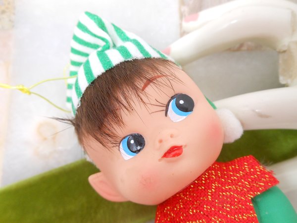 Vintage Rubber Christmas Pixie Elf JAPAN Plastic Tree Ornament Big Eye Stripe Hat Mid Century *FLAWED As Is*, VivianJoel.com
