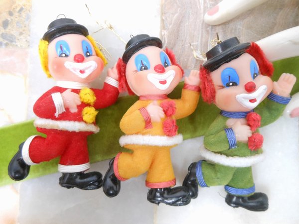 Vintage Christmas Plastic Tree Ornament Blow Mold Clown Lot 3 Flocked Set Chenille Japan Mid Century, VivianJoel.com