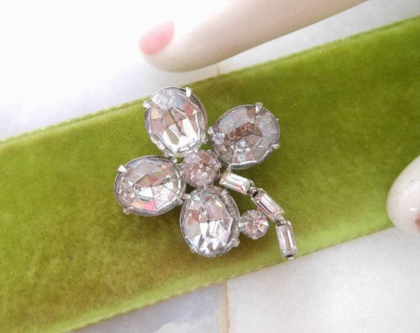 Vintage Rhinestone Shamrock Pin Clover Brooch Figural Good Luck St Patricks Irish Jewelry Gift Mid Century *as is*,  VivianJoel.com