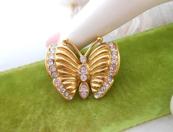 Vintage KREMENTZ Petite Pin Butterfly Insect Bug Brooch Gold Overlay Minimalist Rhinestone Designer Mid Century Jewelry Gift, VivianJoel.com