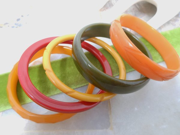 Vintage BAKELITE LOT 5  Bangle Bracelet Stack Tested Green Red Butterscotch Yellow Old Plastic Mid Century Jewelry Gift, VivianJoel