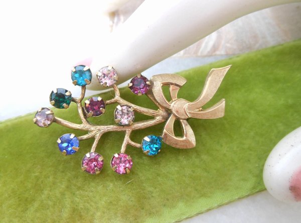 Vintage Crystal Bouquet Brooch Gold Fill Designer TK KT GF Rhinestone Mid Century Jewelry Gift, VivianJoel.com