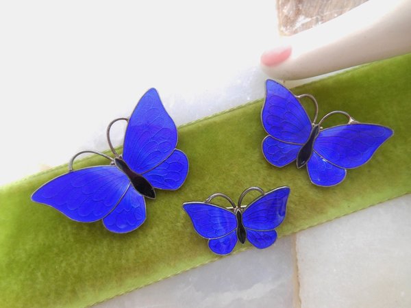 Vintage VOLMER BAHNER Denmark STERLING Silver Butterfly Pin Set Brooch Trio Enamel Blue Guilloche Designer Mid Century, VivianJoel.com