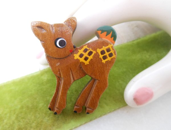 Vintage Baby Deer Fawn Reindeer Pin Carved Wood Brooch Artisan Handpaint JAPAN Jewelry Gift Mid Century, VivianJoel.com