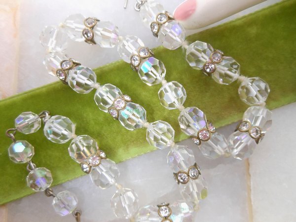 Vintage Art Deco Clear Crystal Bead Necklace Choker Collar Rhinestone Rondelle Mid Century Glam Jewelry Gift, VivianJoel.com