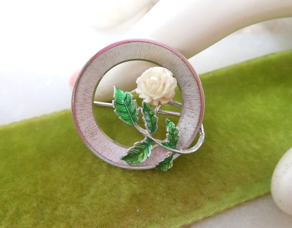 Vintage Beau STERLING SILVER Brooch Petite Flower Carved Rose Pin Green Enamel Designer 925 Mid Century Jewelry Gift, VivianJoel.com