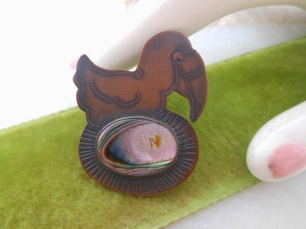 Vintage PAT GARRETT Bird Dodo Pin  Copper Abalone Brooch Handcraft Artisan 1981 Designer Gift Jewelry, VivianJoel.com