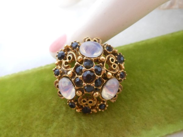 Vintage FLORENZA Brooch Opaline Glass Ruby Red Rhinestone Victorian Revival Pin PETITE Ornate Designer Mid Century Jewelry, VivianJoel.com