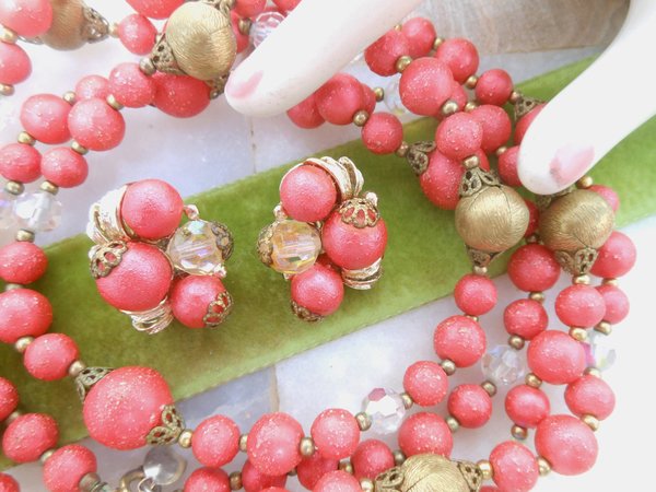 Vintage JUDY LEE Bead Necklace Earrings Set Crystal Rose Pink Plastic Long Gold Filigree Designer Mid Century Jewelry Gift, VivianJoel.com