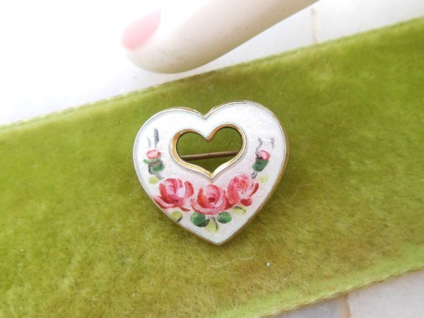 Vintage NORWAY STERLING Silver Pink Rose Heart Enamel Guilloche Brooch Petite Pin OPRO Mid Century Wedding Jewelry Gift, VivianJoel.com