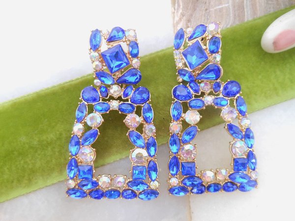 Vintage Crystal Earrings Jumbo Dangle Drop Pierced Post Rhinestone Blue AB Holiday Party Disco Statement Jewelry Gift, VivianJoel.com