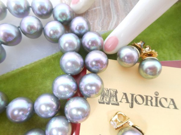 Vintage MAJORICA Pearl Necklace Earrings Set Sterling Silver Faux Tahitian South Seas Luminous Bead Original Box Jewelry, VivianJoel.com