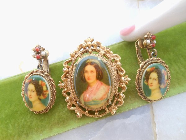 Vintage Victorian Revival Brooch Earrings Set Cameo Dangle Drop Clip On Ornate Jewelry Mid Century Gift, VivianJoel.com