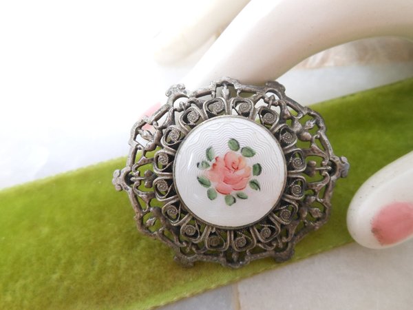 Vintage Enamel Guilloche Brooch Pink Rose Flower Pin Ornate Regency Victorian Revival Jewelry Gift Mid Century, VivianJoel.com