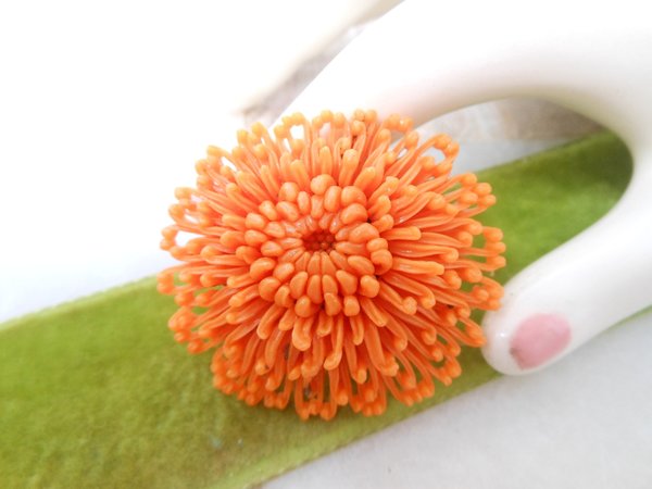 Vintage Celluloid Brooch Old Plastic Pin Coral Orange Mum Flower Corsage Boutonniere Japan Mid Century Jewelry Gift, VivianJoel.com