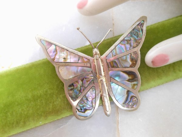 Vintage STERLING SILVER Butterfly Brooch Abalone Shell Inlay 925 Pin Mexico Artisan Designer Mid Century Jewelry Gift, VivianJoel.com