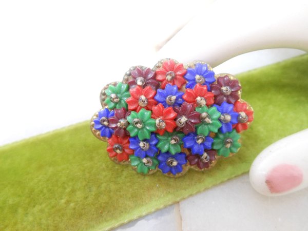 Vintage Tiny Flower Brooch Beaded Bouquet Cluster Pin Handcraft Green Red Blue Artisan Jewelry Gift Mid Century, VivianJoel.com