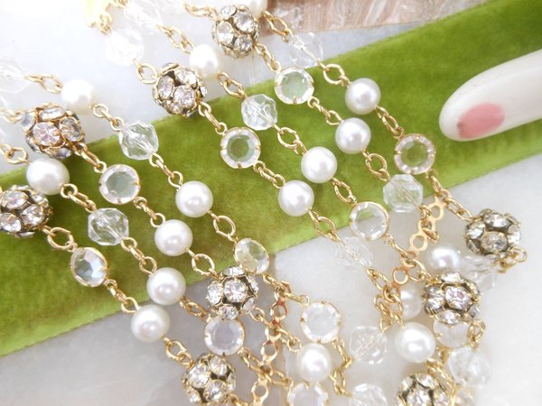 Vintage Crystal Pearl Choker Necklace Rhinestone Bead Multi Strand Beze Set Designer Mid Century Jewelry Gift, VivianJoel.com