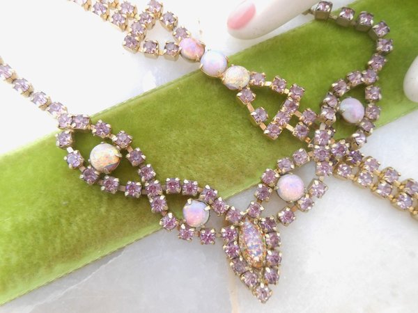 Vintage Opal Art Glass Necklace Bracelet Set Rhinestone Purple Amethyst Choker Demi Parure Mid Century Jewelry *Flawed As Is* VivianJoel.com