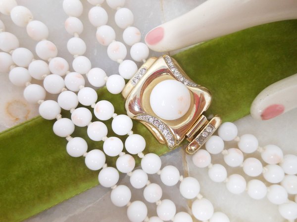 Vintage LES BERNARD Bib Necklace Pink Blush White Milk Glass Bead Three Strand Faux Angelskin Jewelry Mid Century *As Is*, VivianJoel.com