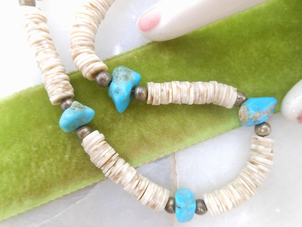 Vintage Turquoise Bead Necklace Collar Chunky Organic Stone Puka Shell Boho Southwest Organic Mid Century Jewelry Gift, VivianJoel.com