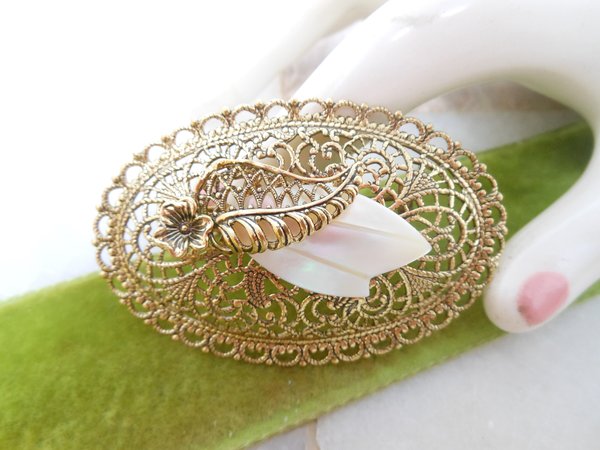 Vintage WEST GERMANY Brooch Victorian Regency Revival Pin Ornate Filigree Mother of Pearl Jewelry Gift Mid Century, VivianJoel.com