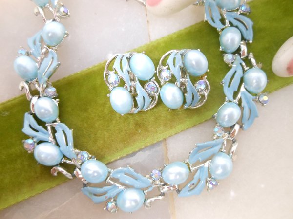 Vintage STAR Necklace Earrings Set Blue Plastic Thermoset Aurora Borealis Rhinestone Enamel Designer Jewelry Mid Century, VivianJoel.com