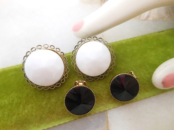 Vintage LOT 2 LEWIS SEGAL California White Black Milk Glass Earrings Clip On Filigree Designer Wedding Jewelry Mid Century, VivianJoel.com