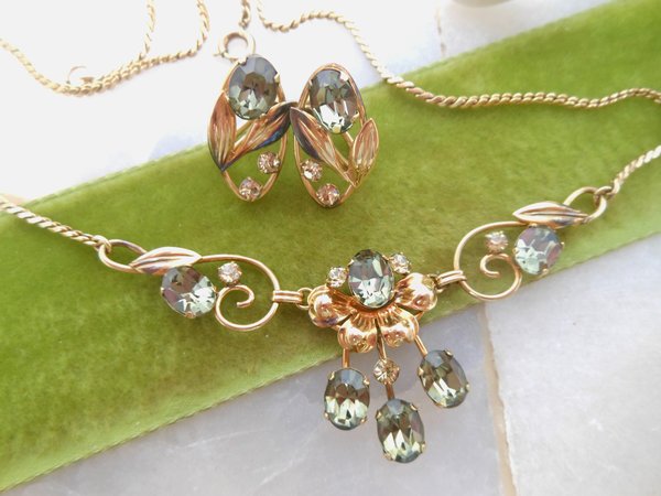 Vintage VAN DELL Necklace Earrings Set Gold FillCrystal Rhinestone GF Minimalist Mid Century Designer Jewelry Gift,  VivianJoel.com