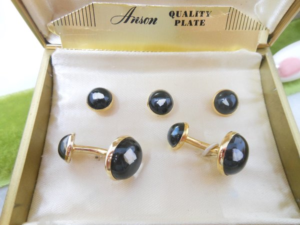 Vintage ANSON Tuxedo Set Floating Opal Stud Cufflink Cuff Links Gold Plate Original Box Mid Century Designer Gift,  VivianJoel.com