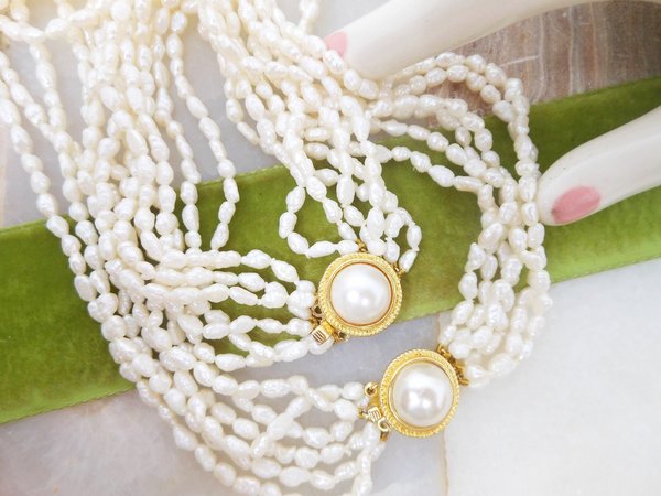 Vintage Pearl Bead Necklace Torsade Bracelet Set Delicate Freshwater Multi Strand Beach Wedding Mid Century Jewelry Gift, VivianJoel.com